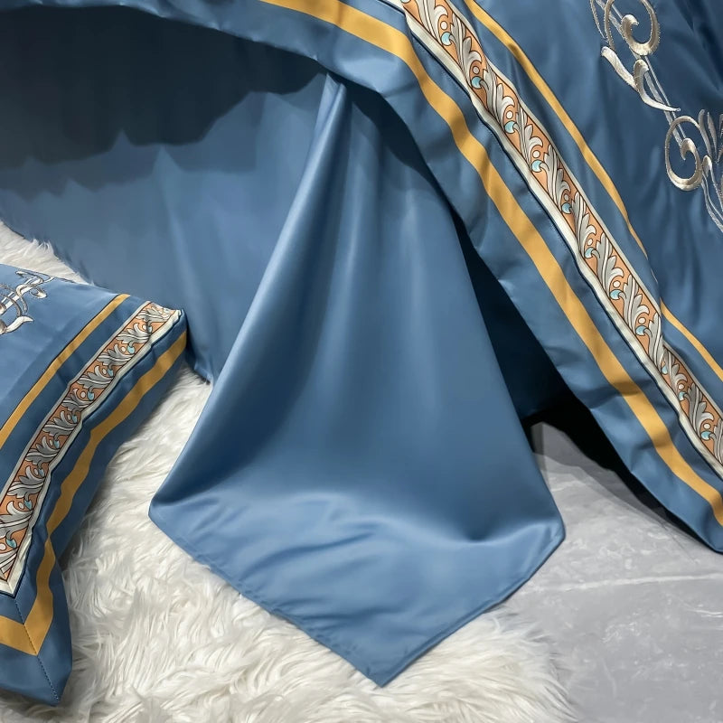 European Style Gold Edge Embroidered Bedding Set Luxury White Satin Cotton Duvet Cover Bed Sheets Pillowcases King Queen Size