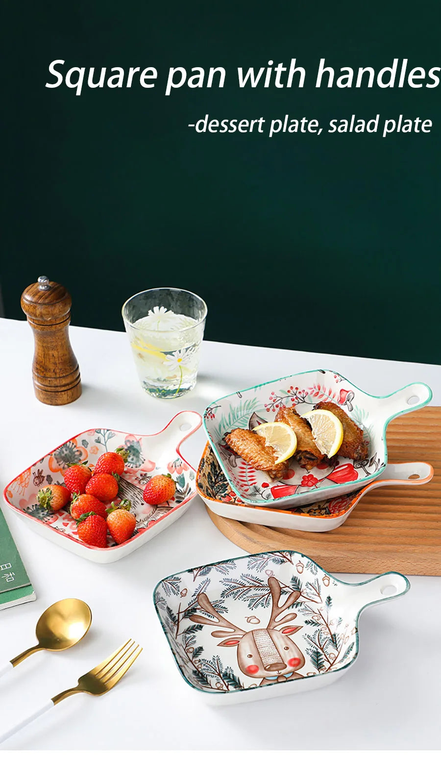 Forest Animals Ceramic Bakeware with Handle - Underglaze Baking Pan & Salad Bowl