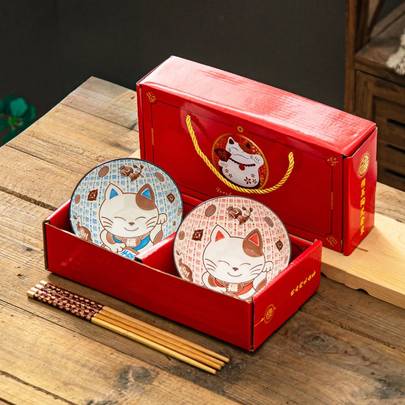 Japanese Hand Drawn Cartoon Tableware Ceramic Bowls Creative Gift Bowls and Chopsticks Set
