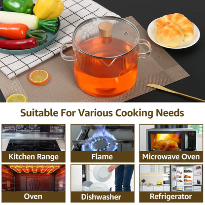 Glass Cooking Pot with Lid - Borosilicate Saucepan for Stovetop Soup & Baking