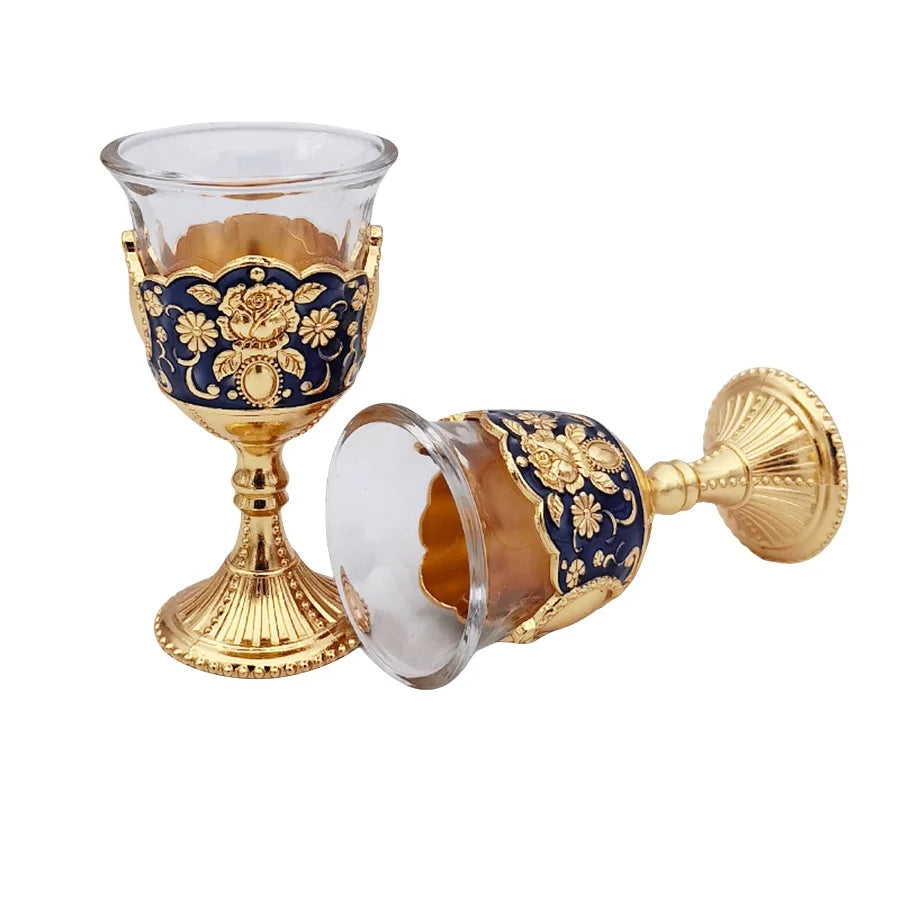 Vintage Wine Goblet Set of 2 - Palace Style Metal Embossed Toasting Glasses