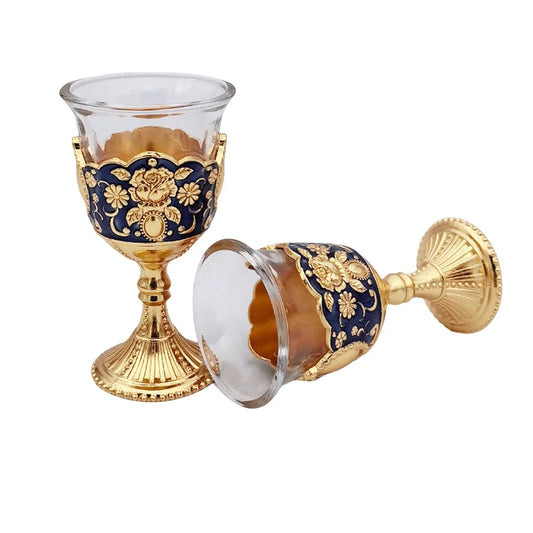 Vintage Wine Goblet Set of 2 - Palace Style Metal Embossed Toasting Glasses