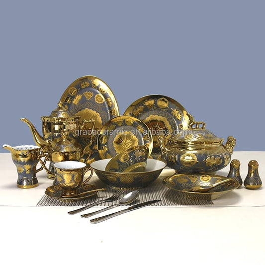 84 Pieces Fine Porcelain Dinner Set - Gold Plated Dubai Ceramic Dinnerware