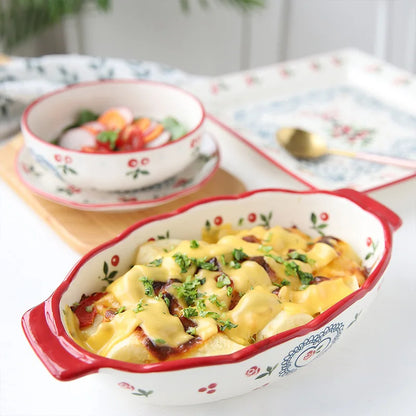 Flowers Ceramic Baking Dish with Handle - Oval Roasting Pan for Lasagna